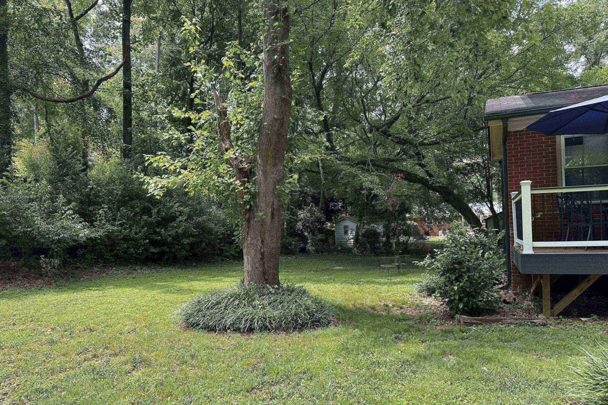 A spacious backyard patio shaded by a large tree, surrounded by green grass and shrubbery, with inviting seating arranged for gatherings or relaxation. The scene suggests a peaceful, family-friendly space perfect for outdoor activities.