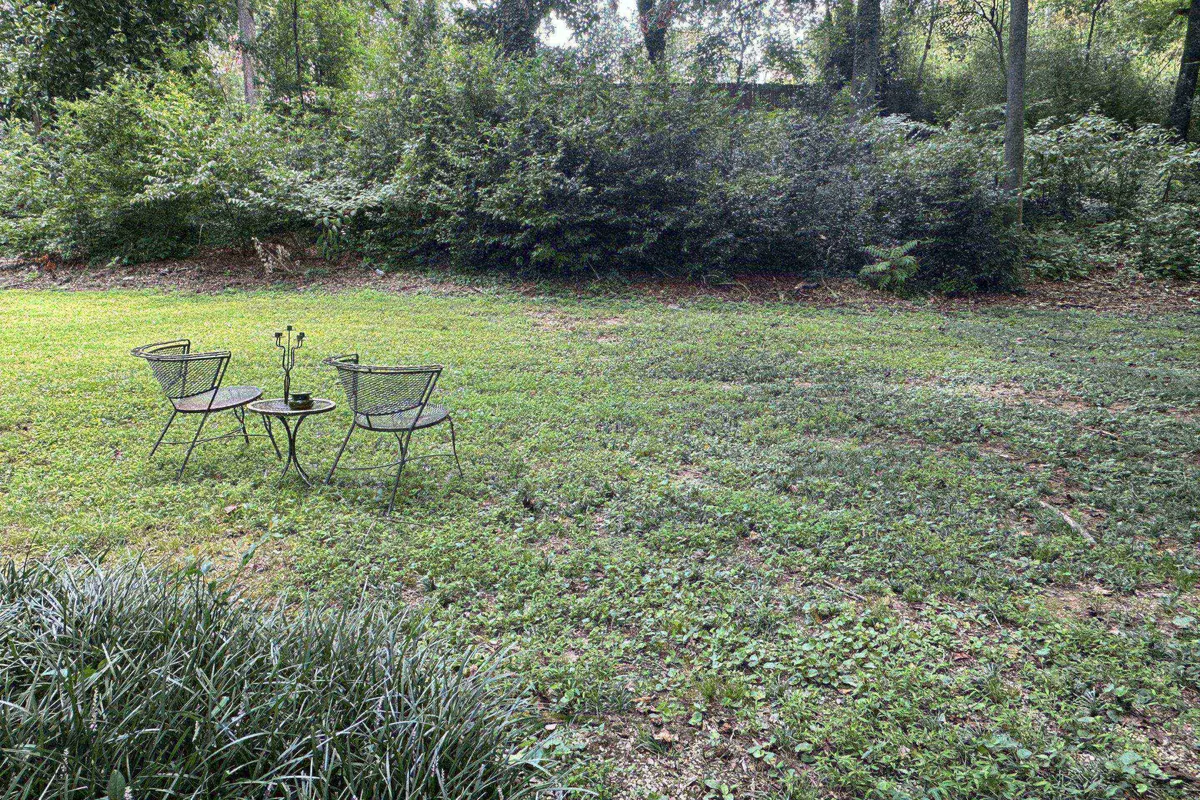 This exterior image features two metal chairs and a small round table set on a green lawn, surrounded by lush foliage. The scene is outdoors, suggesting an inviting spot for relaxing, enjoying coffee, or engaging in conversation, with a tranquil suburban or urban backyard vibe.